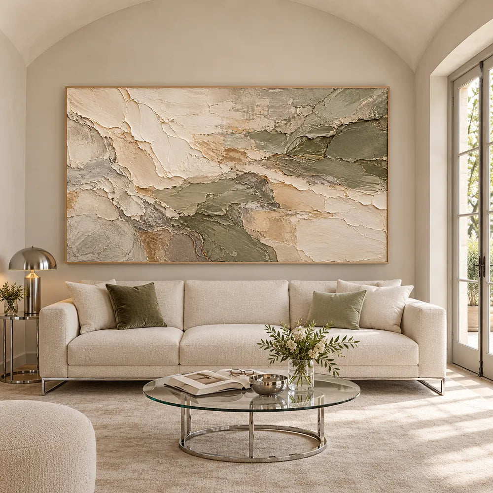 Cream and Olive Hand-Painted 3D Textured Oil Painting, Interlocking Abstract Layers #5NBBMJRS