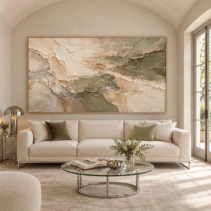 Cream and Olive Hand-Painted 3D Textured Oil Painting, Interlocking Abstract Layers #5NBBMJRS