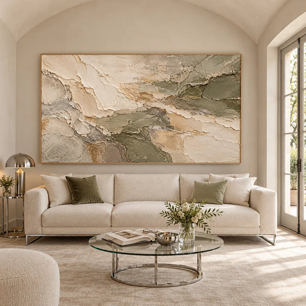 Cream and Olive Hand-Painted 3D Textured Oil Painting, Interlocking Abstract Layers #5NBBMJRS