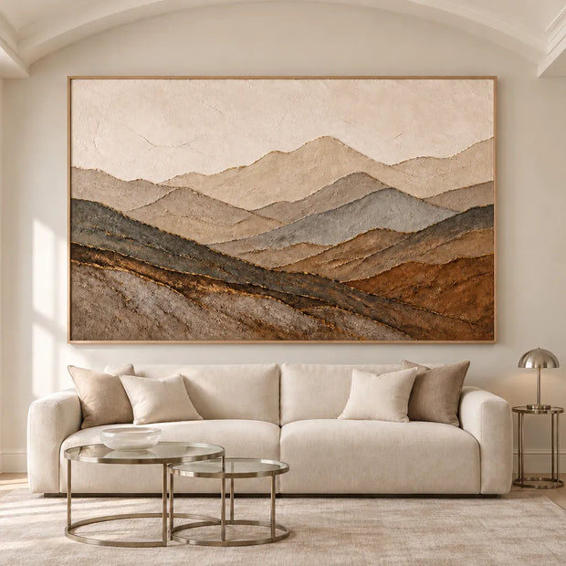 Earth Tone Hand-Painted 3D Textured Oil Painting, Mountain Layers Wall Art #I787QXE3