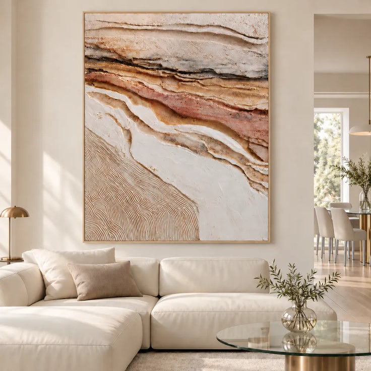 Ivory Tan Hand-Painted 3D Textured Oil Painting, Eroded Layers Wall Art #9RAVTEF6