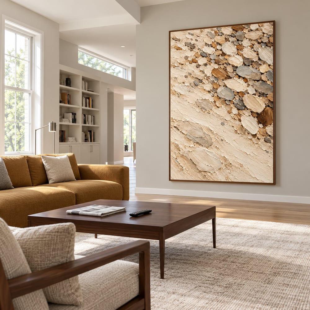 Cream Hand-Painted 3D Textured Oil Painting, Clustered Organic Ovals Abstract Wall Art #KFUV7NA0