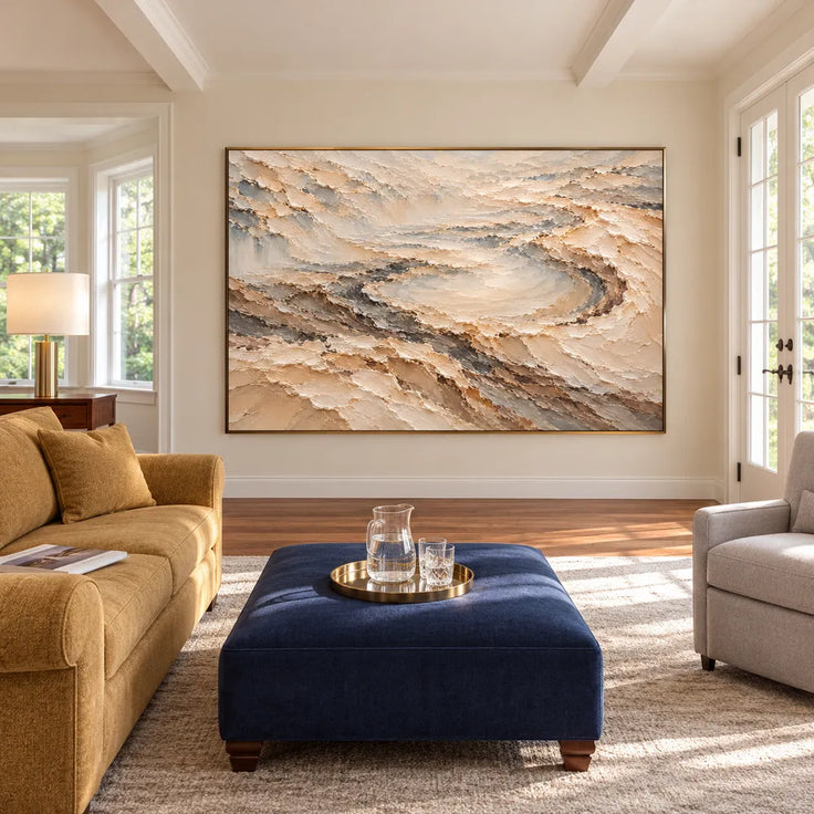 Cream and Taupe Hand-Painted 3D Textured Oil Painting, Terraced Abstract Landscape #RBCLZPS2
