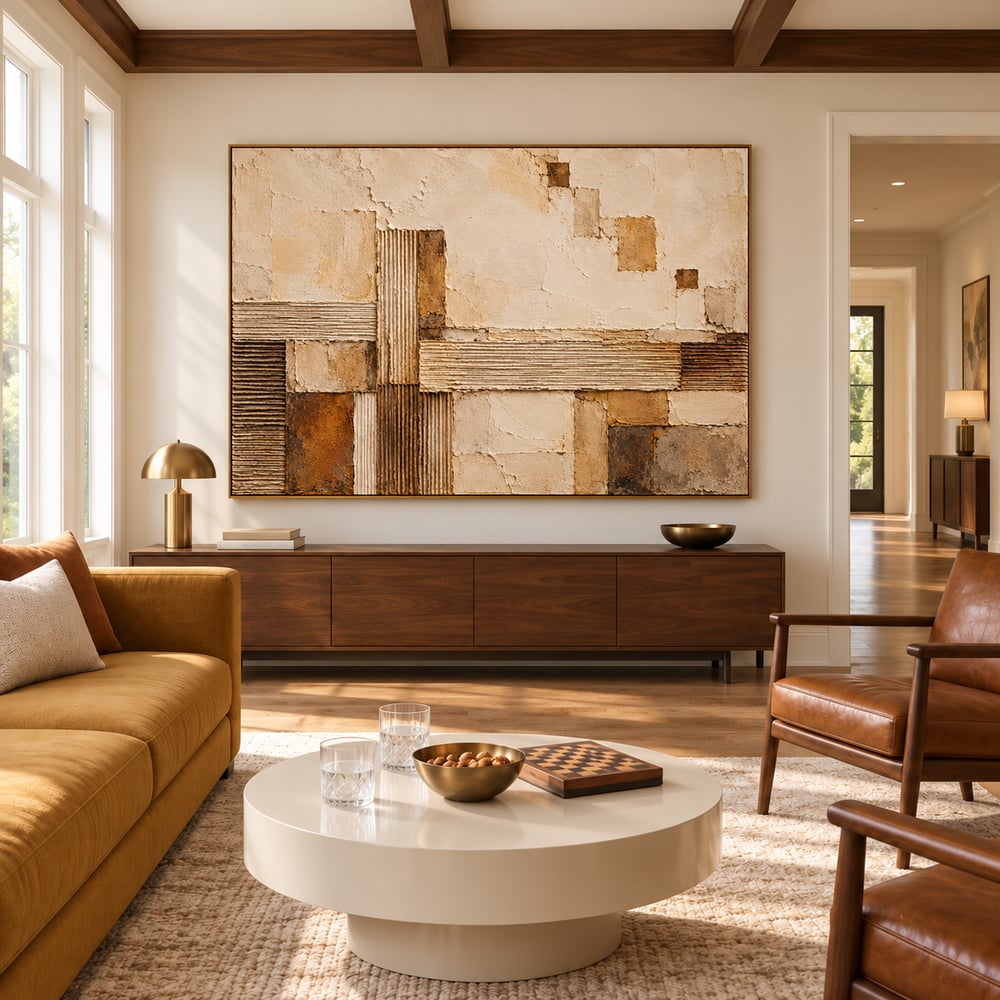 Beige and Cream Hand-Painted 3D Textured Oil Painting, Ribbed Geometric Blocks #5D3VSMWF