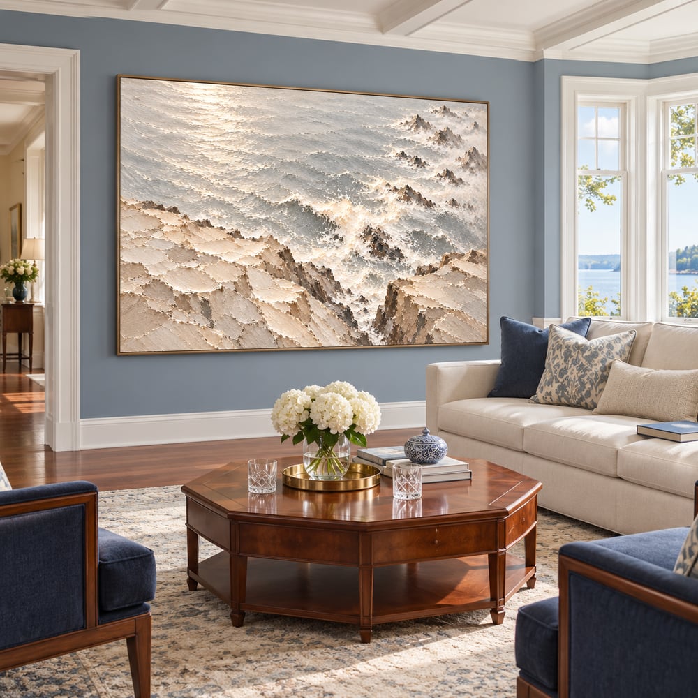 Ivory Gray Hand-Painted 3D Textured Oil Painting, Rocky Seascape Wall Art #3B8T60SA