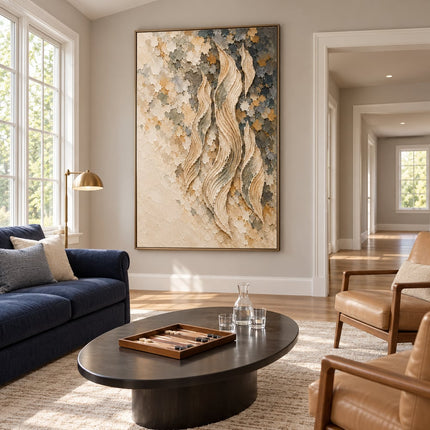 Cream and Gray Hand-Painted 3D Textured Oil Painting, Rising Organic Ribbons #8A15UUOD