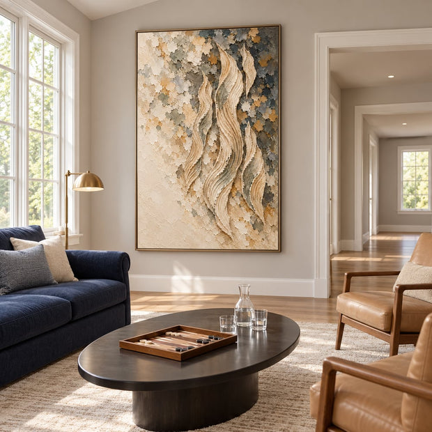 Cream and Gray Hand-Painted 3D Textured Oil Painting, Rising Organic Ribbons #8A15UUOD