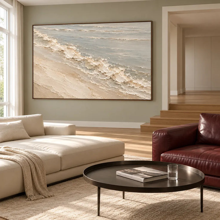 Ivory Gray Hand-Painted Oil Painting, Diagonal Shoreline Wave on a Pale Beach #A63VT0KF