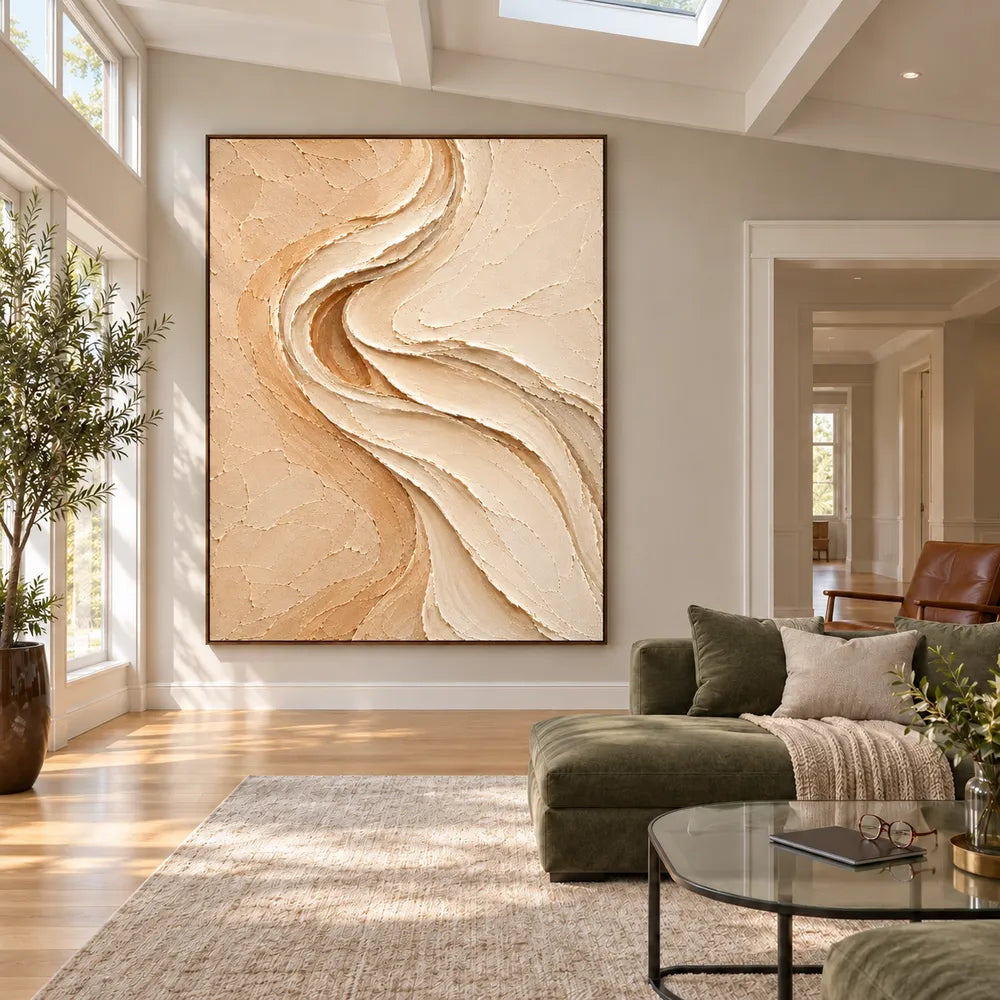 Beige & Cream Hand-Painted 3D Textured Oil Painting, Flowing S-Curve Abstract Wall Art #DD2BSLPJ