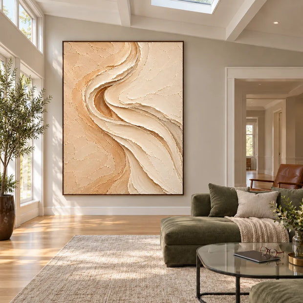 Beige & Cream Hand-Painted 3D Textured Oil Painting, Flowing S-Curve Abstract Wall Art #DD2BSLPJ