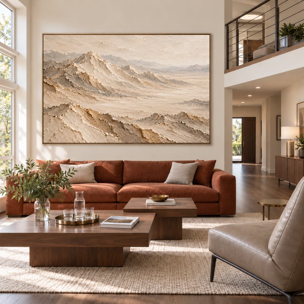 Beige and Cream Hand-Painted 3D Textured Oil Painting, Mountain Valley Landscape #63OLCVHT