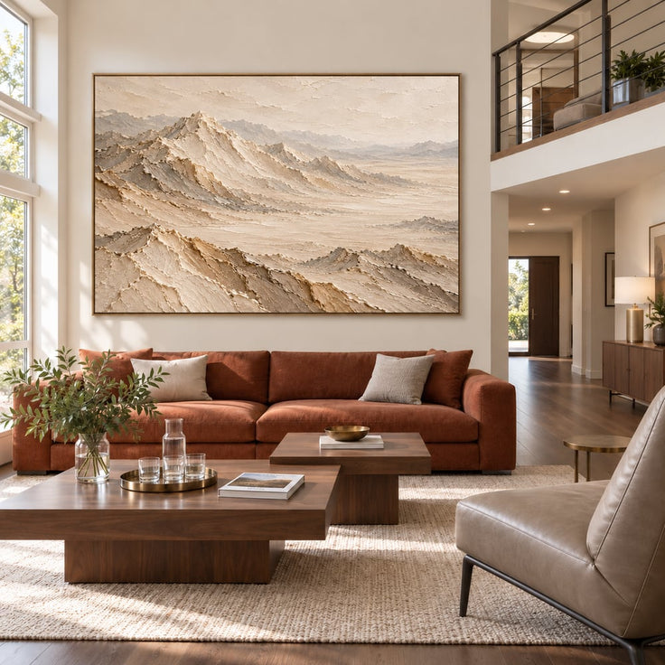 Beige and Cream Hand-Painted 3D Textured Oil Painting, Mountain Valley Landscape #63OLCVHT