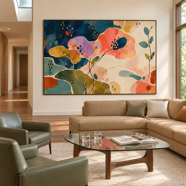Multicolor Hand-Painted Oil Painting, Coral and Lilac Botanical Abstract with Fine Stems #T9RL2OLH