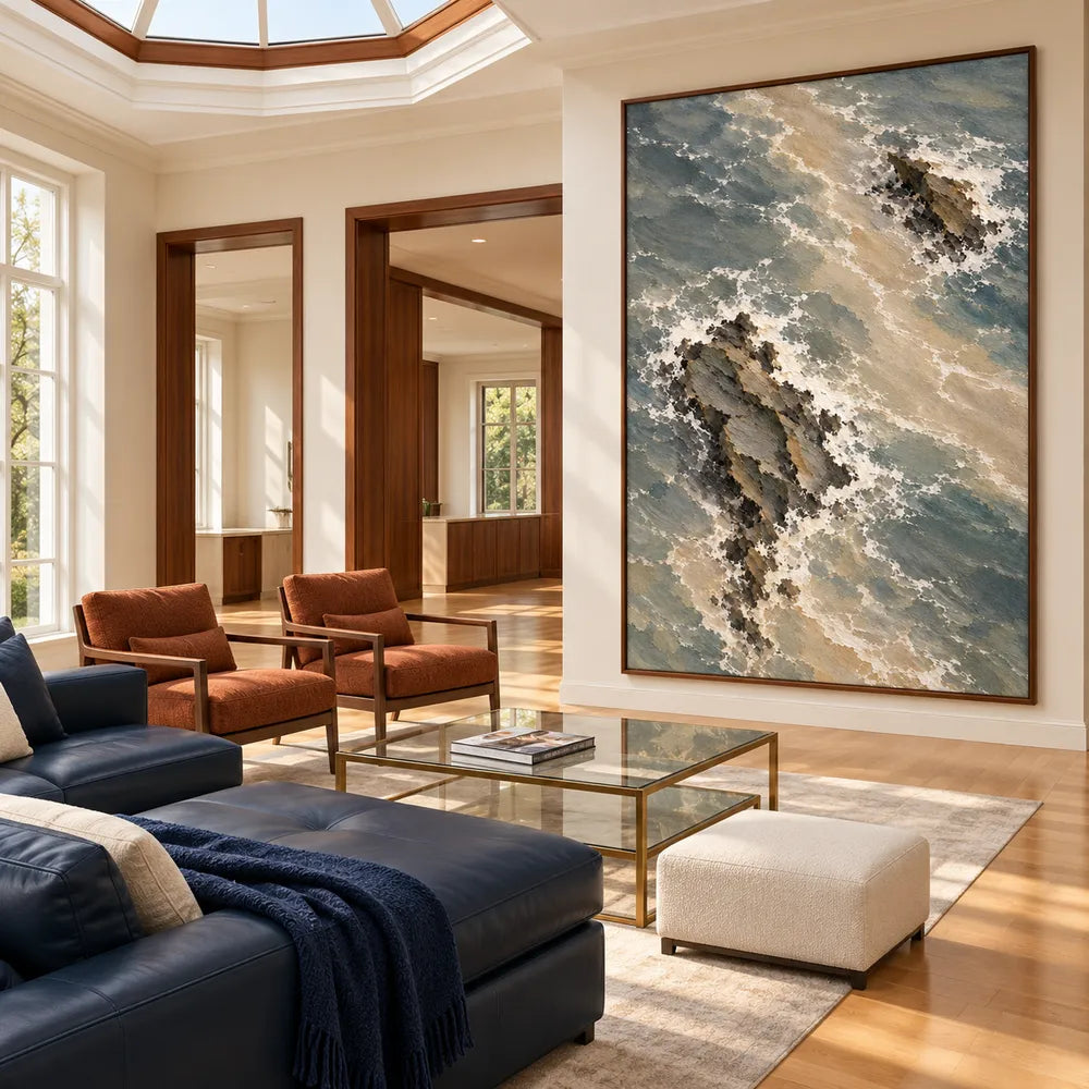 Gray Green Hand-Painted Oil Painting, Overhead View of Rocks and Surf #W3LVFOJR