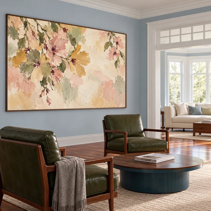 Cream and Blush Hand-Painted Oil Painting, Cascading Flowers and Leaves #VXD35PIW