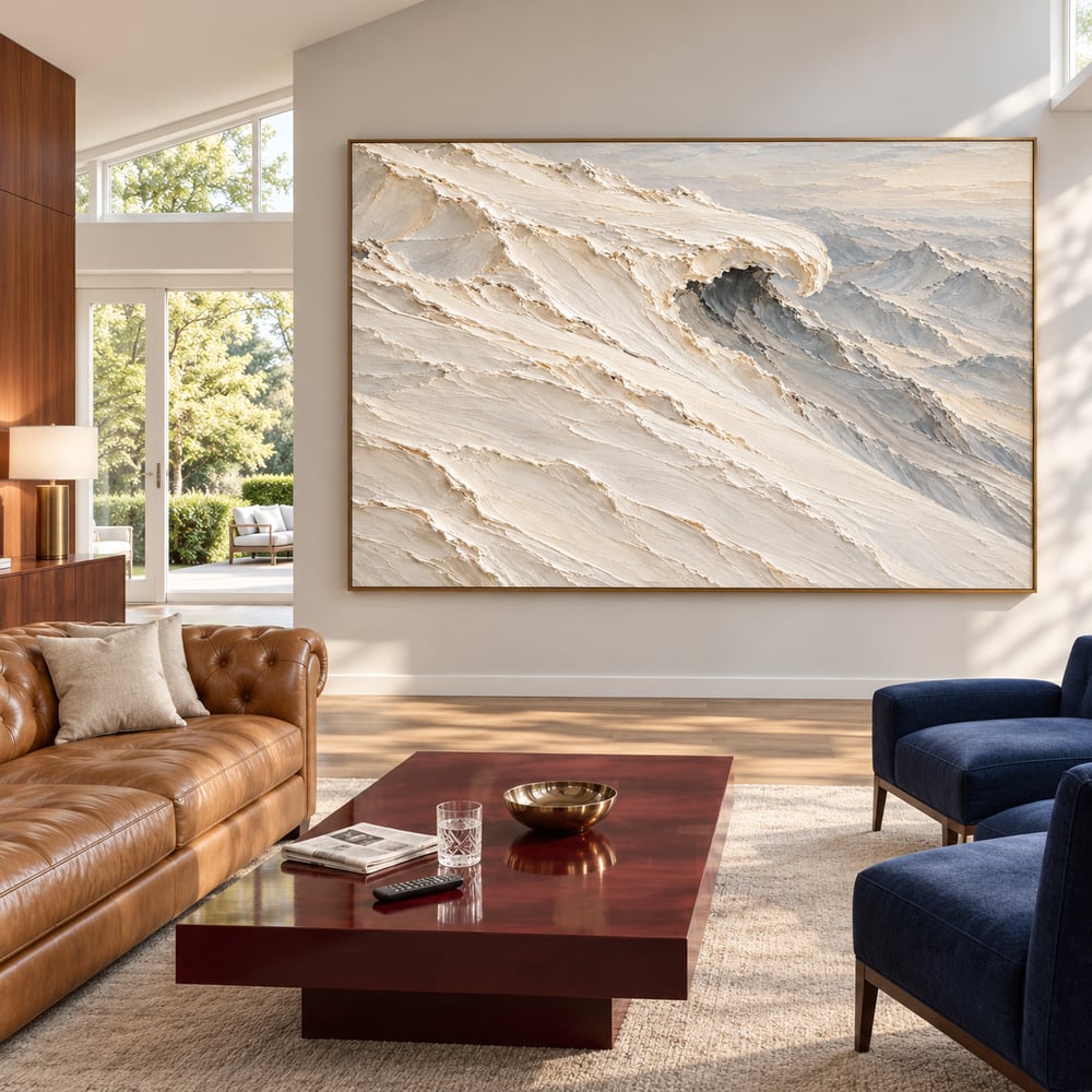 Ivory and Gray Hand-Painted 3D Textured Oil Painting, Curling Ocean Wave #1B9DGWWU