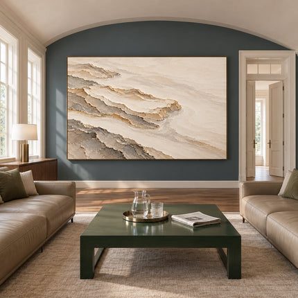 Cream and Taupe Hand-Painted 3D Textured Oil Painting, Terraced Abstract Landscape #HZKDB1K9