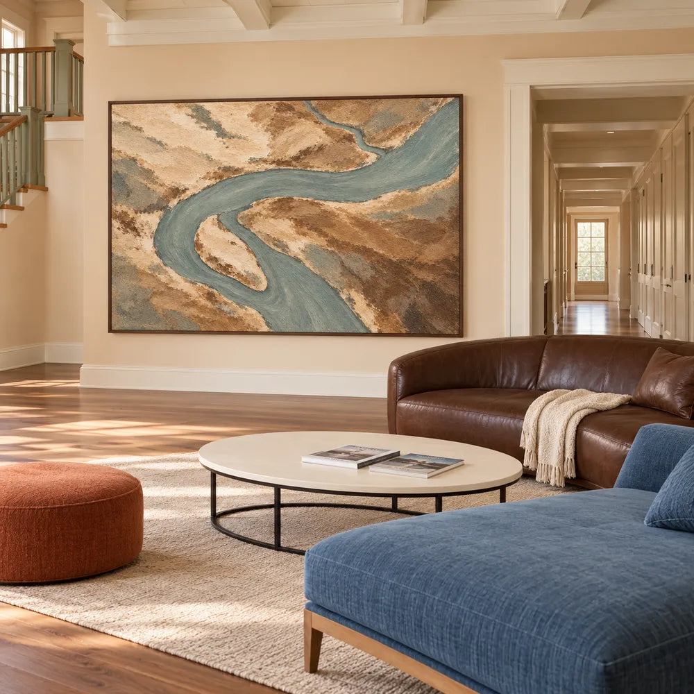 Sand and Sage Hand-Painted Oil Painting, Winding River Viewed from Above #W2T3V88Z