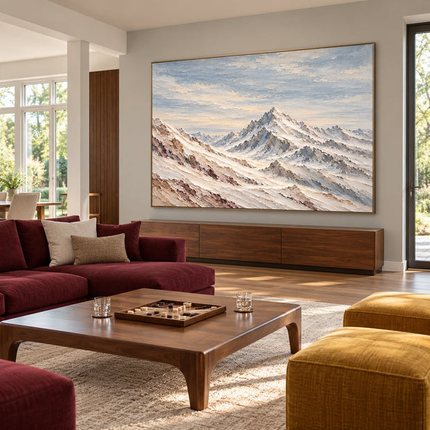 Ivory and Blue-Gray Hand-Painted 3D Textured Oil Painting, Snowy Mountain Peaks #WX7ZWCKG
