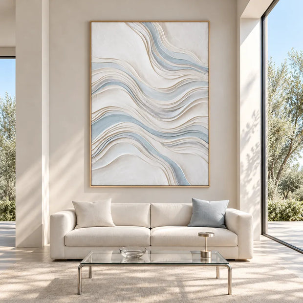 White Hand-Painted 3D Textured Oil Painting, Flowing Waves Wall Art #W2VPSFII