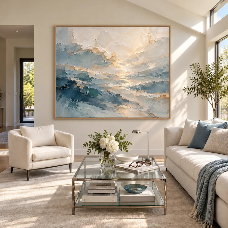 Blue Gray & Ivory Hand-Painted Oil Painting, Abstract Layered Landscape #XI8BIQFA
