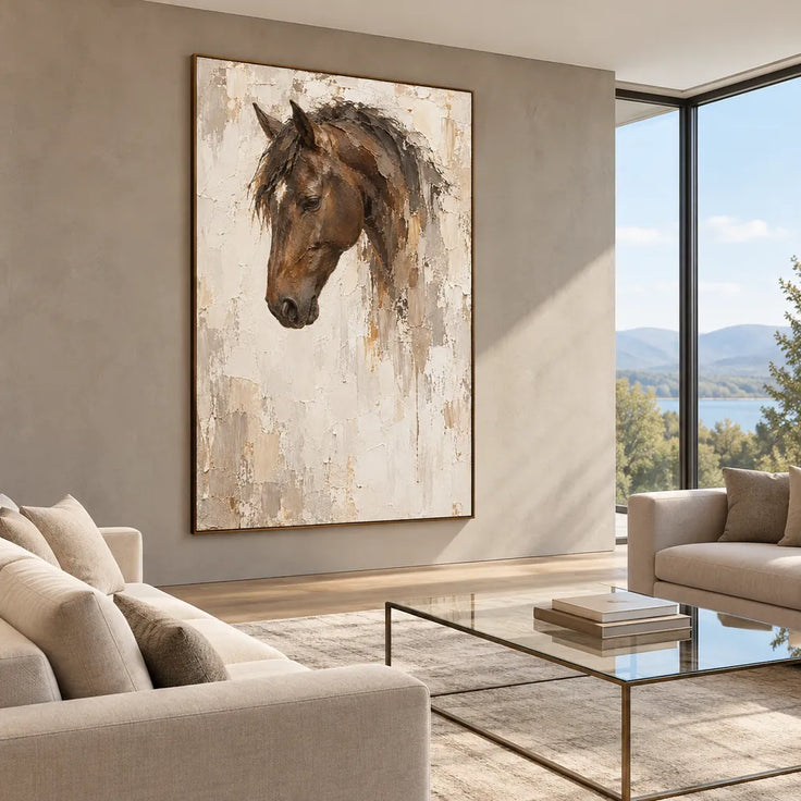 Cream & Brown Hand-Painted Oil Painting, Contemporary Horse Portrait #FOQD7D36