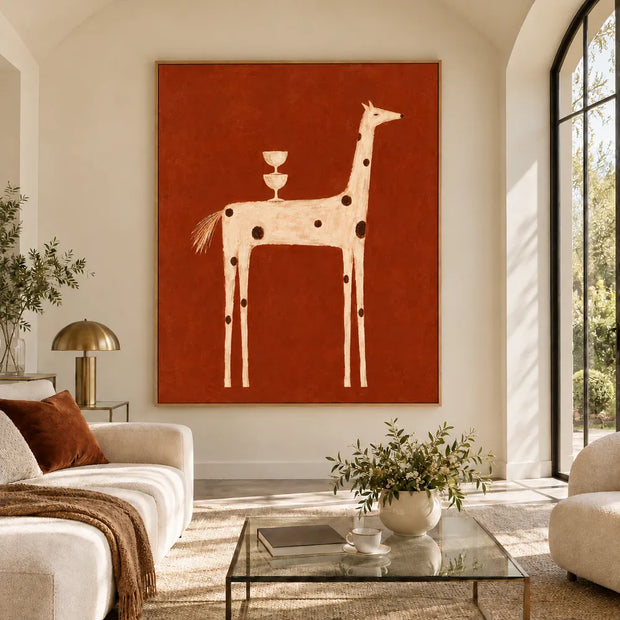Burnt Orange Hand-Painted Oil Painting, Spotted Horse with Stacked Goblets #ISDV5ZX3