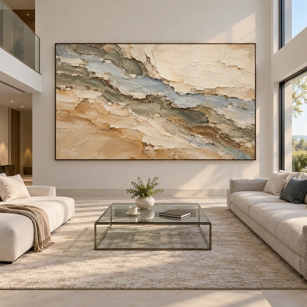 Beige Hand-Painted 3D Textured Oil Painting, Blue-Gray Diagonal Layers #S9SBK2RJ