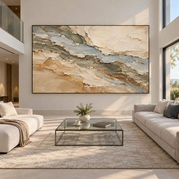 Beige Hand-Painted 3D Textured Oil Painting, Blue-Gray Diagonal Layers #S9SBK2RJ