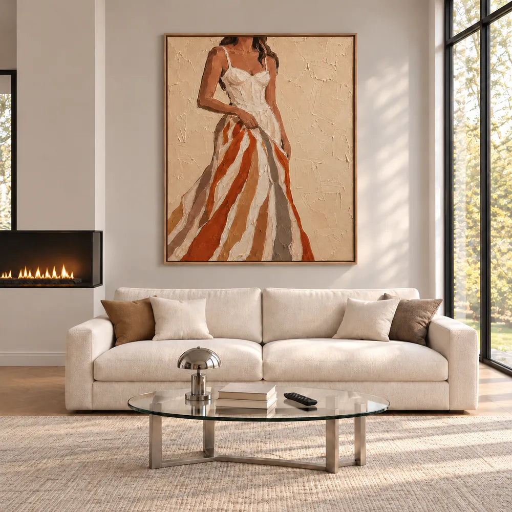 Beige & Rust Hand-Painted Oil Painting, Woman in a Flowing Dress #LMRN0GND