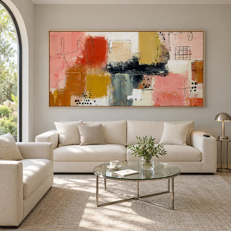 Pink and Ochre Hand-Painted Oil Painting, Graphic Color Block Abstract #7V43Y2LW