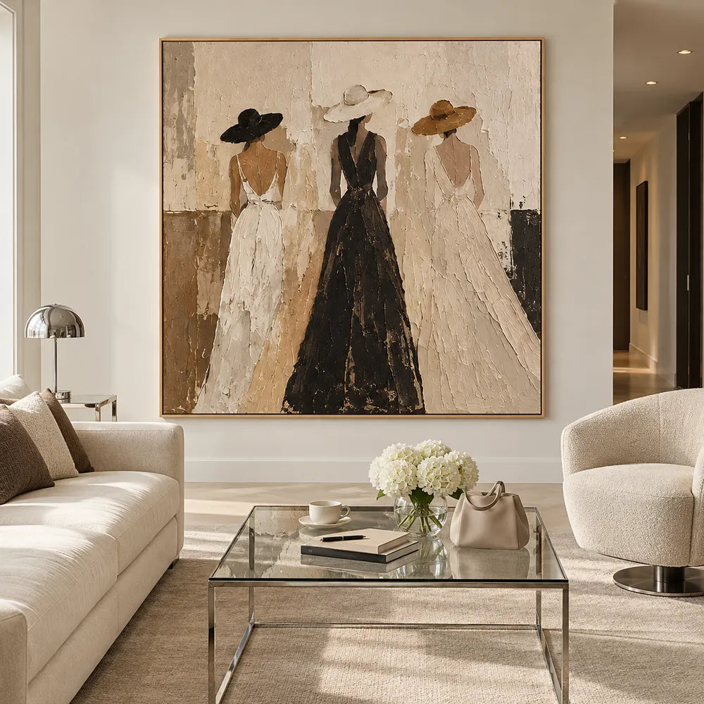 Beige & Cream Hand-Painted Oil Painting, Three Women in Wide-Brim Hats #PGVBMQNS