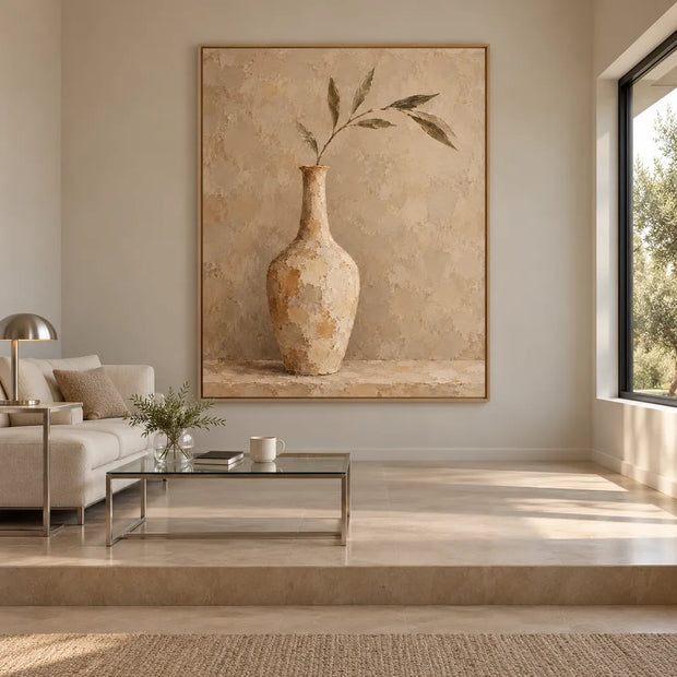 Beige Hand-Painted Oil Painting, Slender Vase with a Leafy Branch #2WV3PKSW