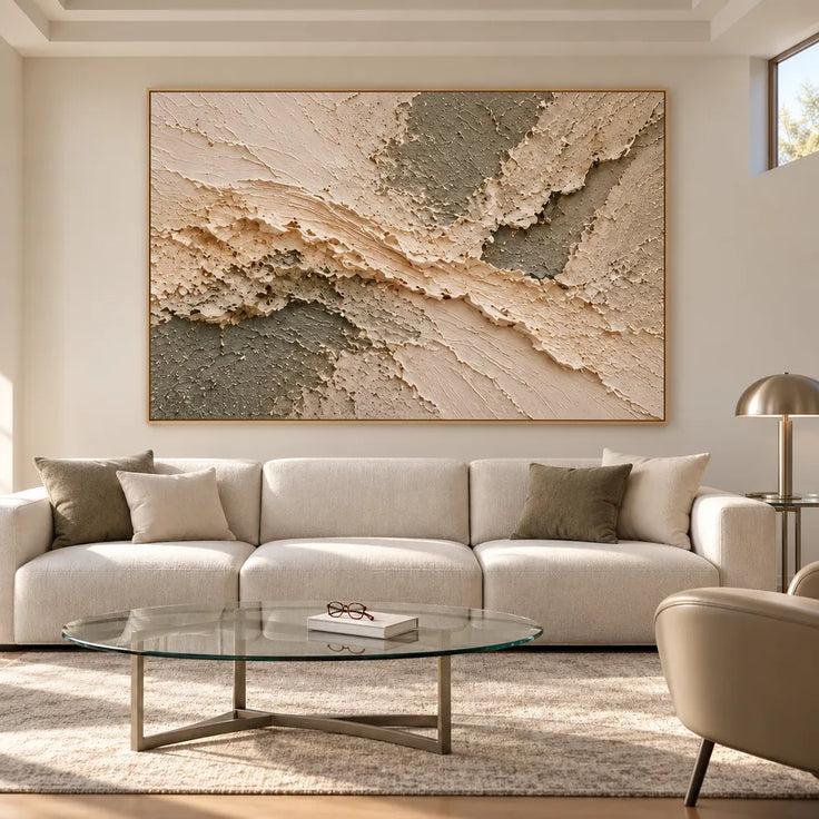 Beige Hand-Painted 3D Textured Oil Painting, Diagonal Layers in Olive Gray #TNHLGOA5