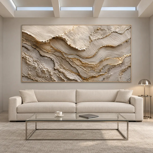Ivory and Taupe Hand-Painted 3D Textured Oil Painting, Wavy Layer Abstract #QF2DVOSX