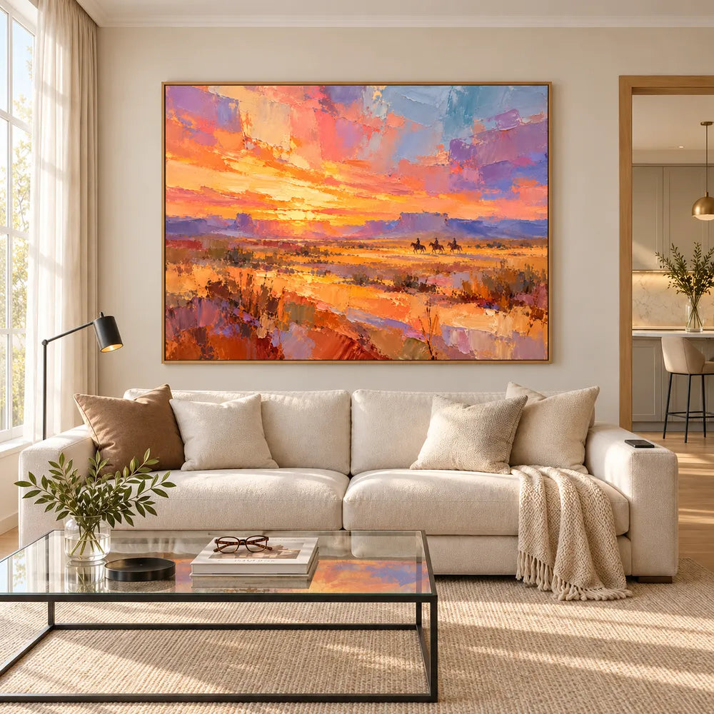 Orange & Lavender Hand-Painted Oil Painting, Three Riders in a Desert Sunset #22PVXDQ6