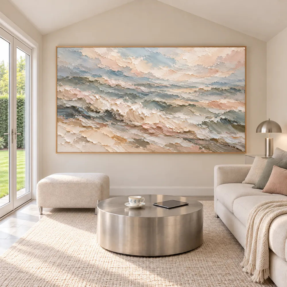 Cream and Blue Gray Hand-Painted Oil Painting, Rolling Coastal Waves #B4FLTKB2