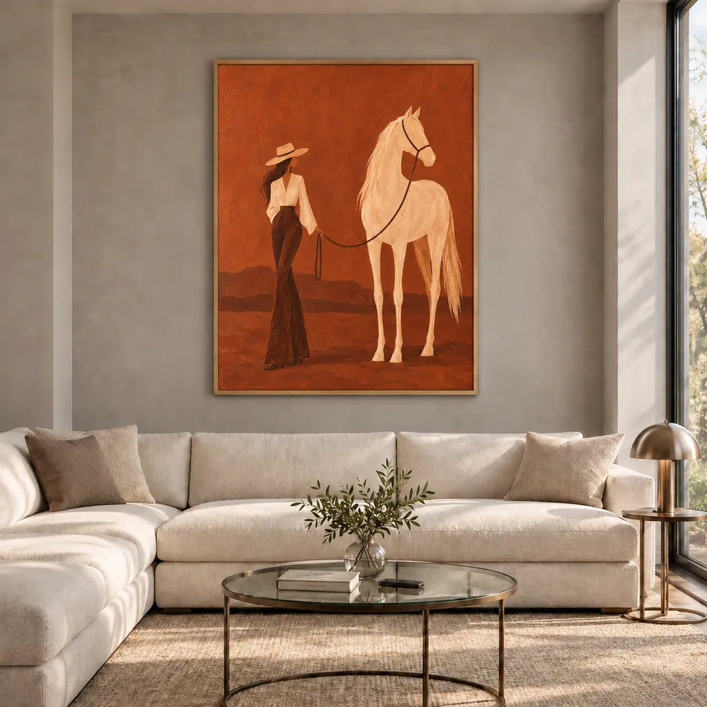 Rust Hand-Painted Oil Painting, Woman and White Horse in a Desert Landscape #O1EDDVZ6