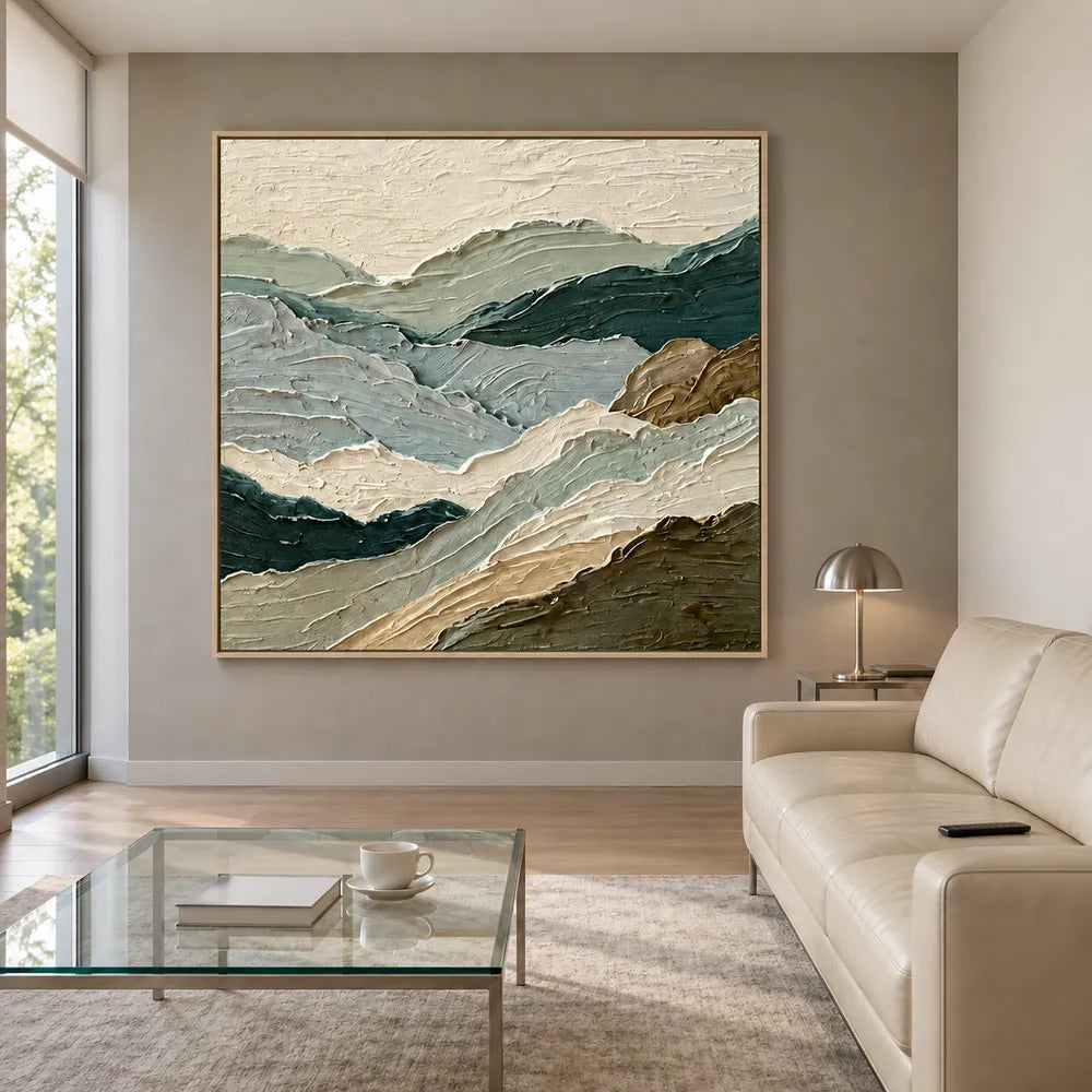 Sage Green Hand-Painted Oil Painting, Layered Mountain Landscape #PWVHIXYY