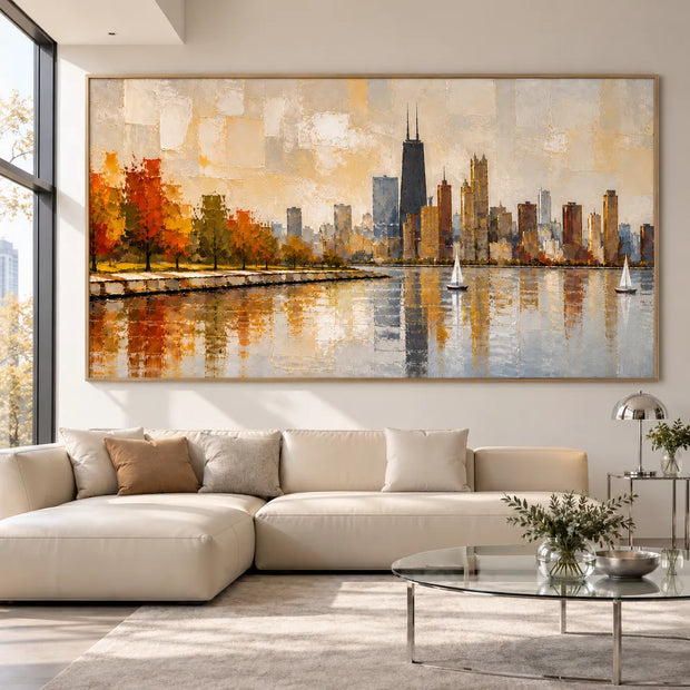Beige Gold Hand-Painted Oil Painting, Autumn Waterfront Wall Art #CW3XQNK2