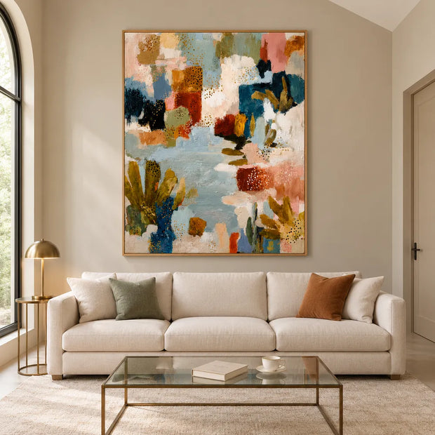 Muted Blue and Warm Neutrals Hand-Painted Oil Painting, Expressive Abstract Color Blocks #Q6Z31DUZ