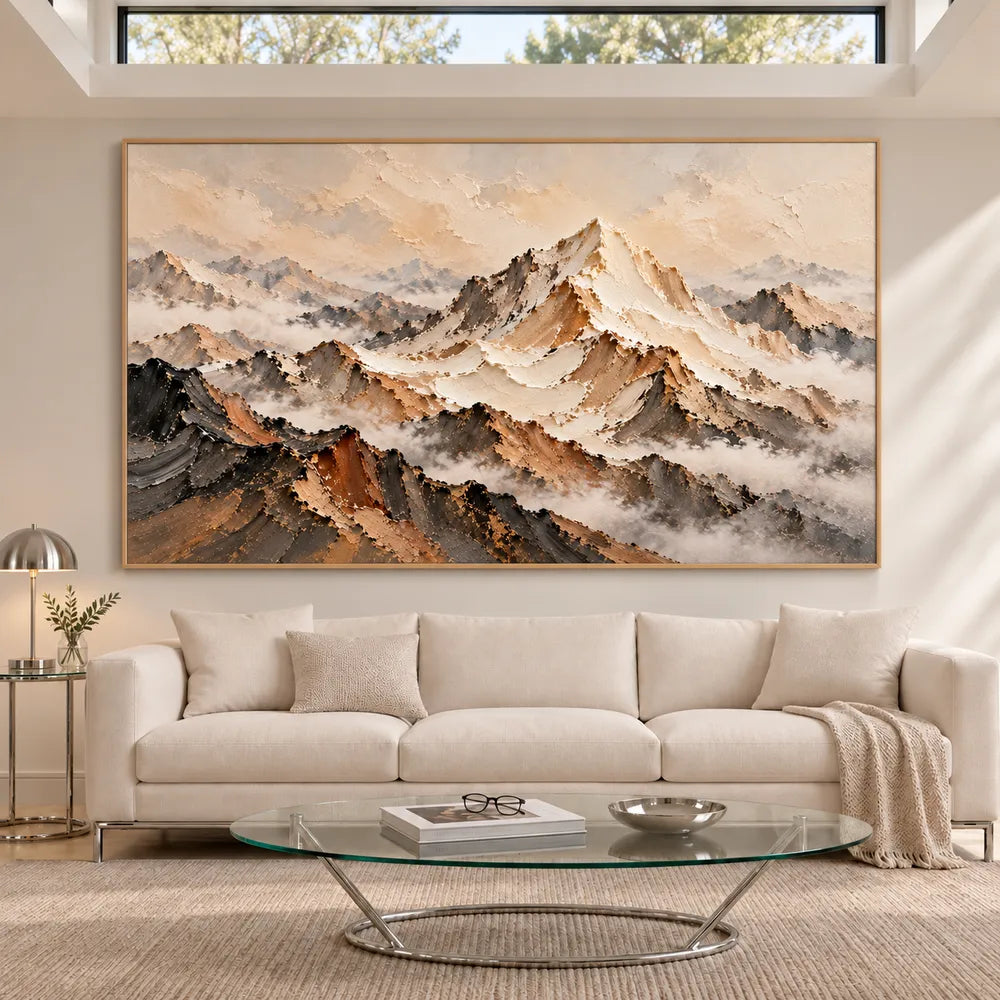 Beige and Charcoal Hand-Painted 3D Textured Oil Painting, Mountain Ridges in Mist #QUDVWPH3