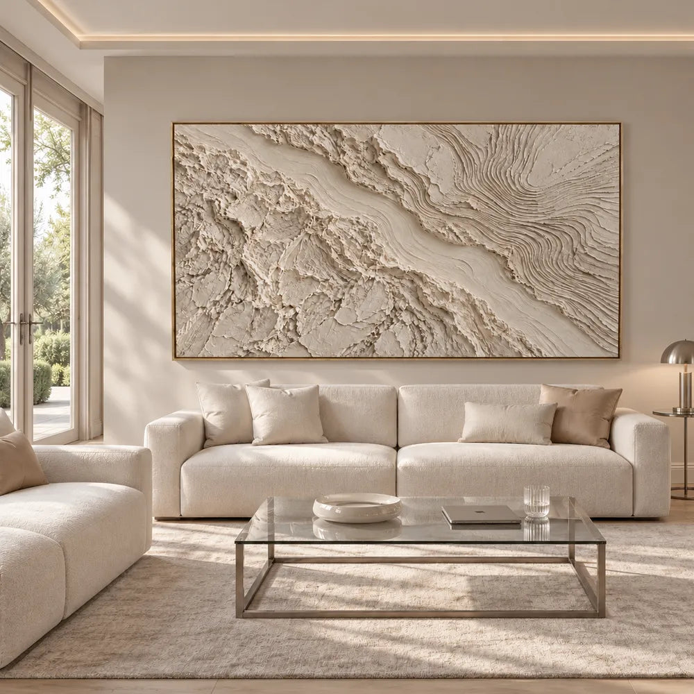 Beige Hand-Painted 3D Textured Oil Painting, Flowing Contour Abstract #A08VGDFU