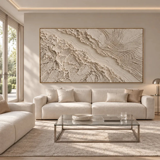 Beige Hand-Painted 3D Textured Oil Painting, Flowing Contour Abstract #A08VGDFU