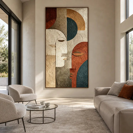 Earth-Tone Hand-Painted 3D Textured Oil Painting, Geometric Faces #PDTZGB6G