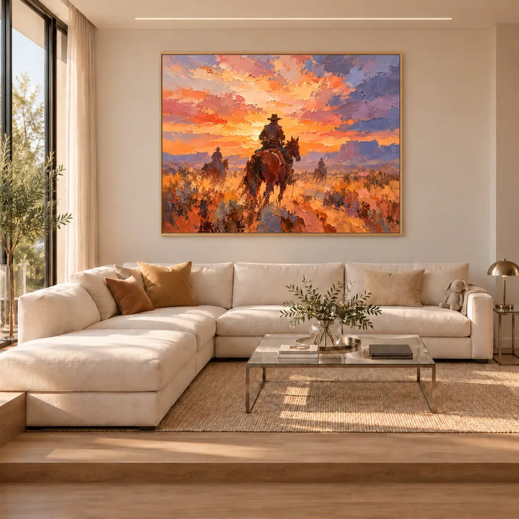 Orange Hand-Painted Oil Painting, Western Riders beneath a Sunset Sky #3T3ZPOIY