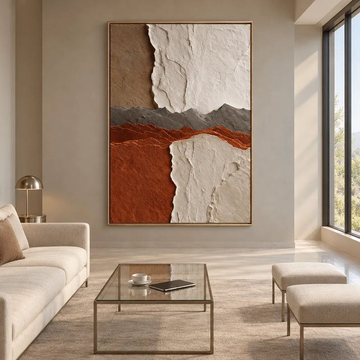Ivory and Rust Hand-Painted 3D Textured Oil Painting, Layered Ridge Abstract #I8S5QRXD