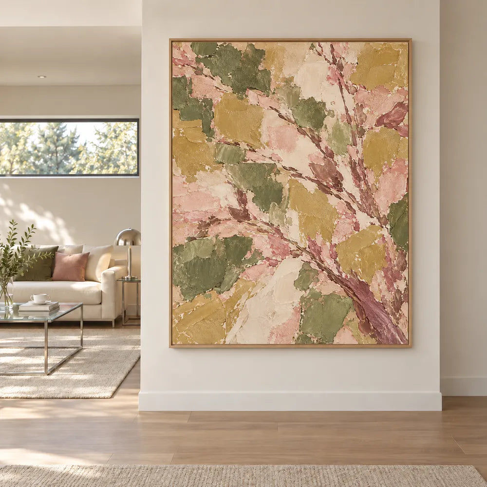 Olive and Blush Hand-Painted Oil Painting, Sweeping Botanical Branches #8PND22D9