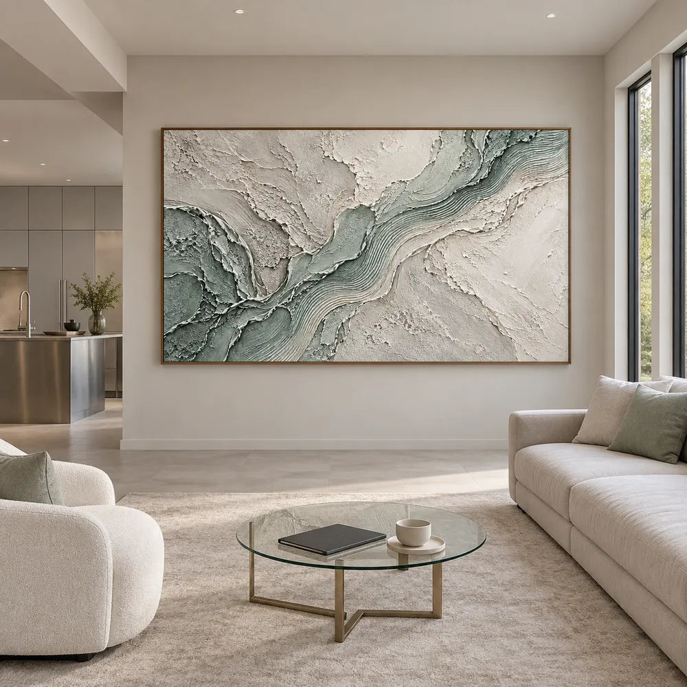 Sage and White Hand-Painted 3D Textured Oil Painting, Flowing Ridges #4SLLXKNH