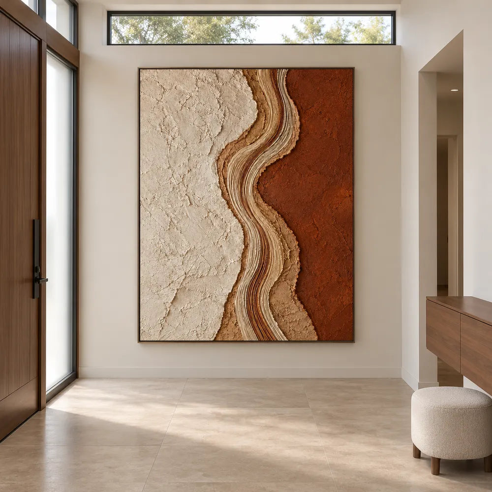 Cream & Terracotta Hand-Painted 3D Textured Oil Painting, Wavy Abstract Band #E5HLHQUE